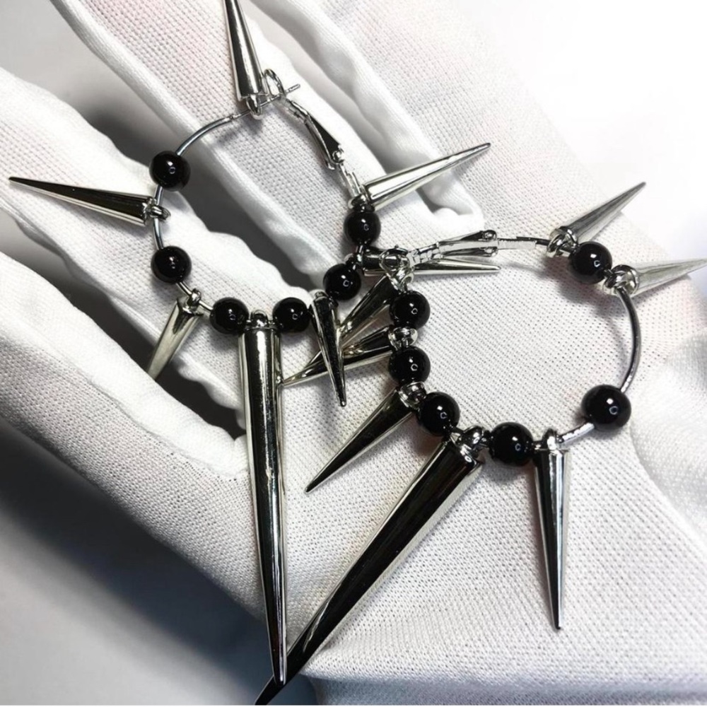 Gothic Silver spike punk earrings with black emo beads